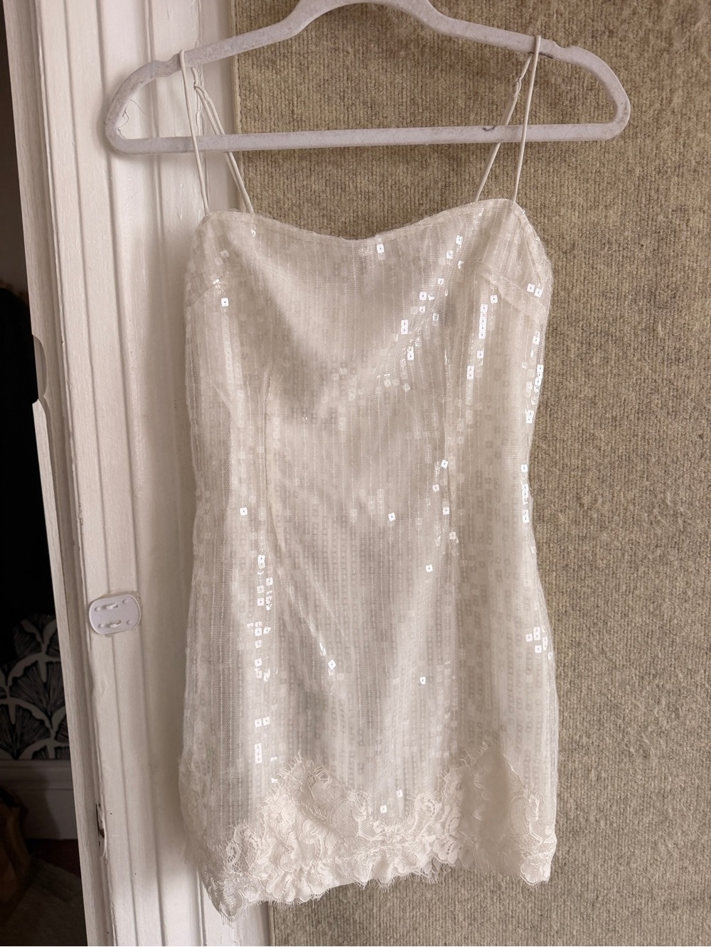 White Sequin Lace-Trim Slip Dress